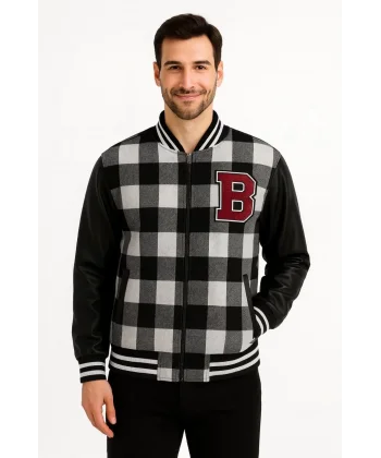 Erkek Kolej Ceket – Kareli Oduncu Kumaş, Kolları Suni Deri, Fermuarlı, İçi Kapitone Astarlı, Nakışlı Oversize Bahar & Kış Stil - Gri