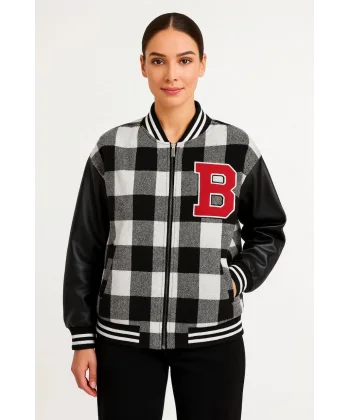 Kadın Kolej Ceket – Kareli Oduncu Kumaş, Kolları Suni Deri, Fermuarlı, İçi Kapitone Astarlı, Nakışlı Oversize Bahar & Kış Stil - Gri