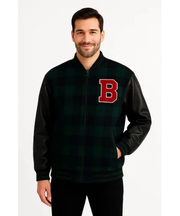 Erkek Kolej Ceket – Kareli Oduncu Kumaş, Kolları Suni Deri, Fermuarlı, İçi Kapitone Astarlı, Nakışlı Oversize Bahar & Kış Stil - Haki