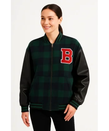 Kadın Kolej Ceket – Kareli Oduncu Kumaş, Kolları Suni Deri, Fermuarlı, İçi Kapitone Astarlı, Nakışlı Oversize Bahar & Kış Stil - Haki