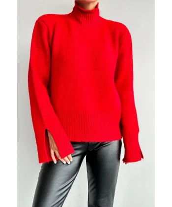 Kolları Yırtmaçlı Triko Kazak  Kırmızı