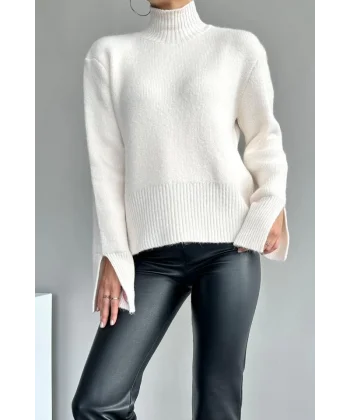 Kolları Yırtmaçlı Triko Kazak - Krem