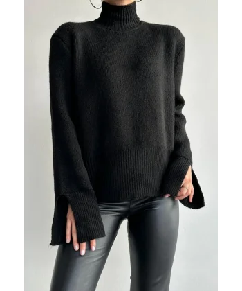 Kolları Yırtmaçlı Triko Kazak - Siyah