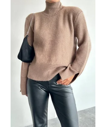 Kolları Yırtmaçlı Triko Kazak - Vizon