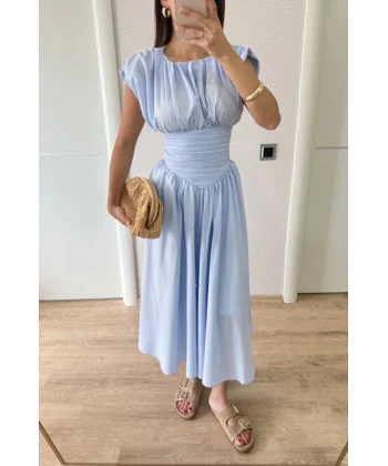 Kolsuz Bel Detaylı Yazlık Poplin Kumaş Uzun Elbise - Mavi