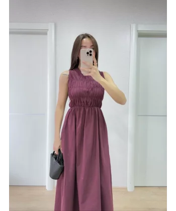 Kolsuz Göğüs Lastıklı %100 Poplin Uzun Elbise - Bordo