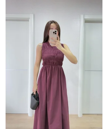 Kolsuz Göğüs Lastıklı Uzun Elbise - Bordo