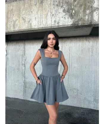Kolsuz ini Elbise Gri