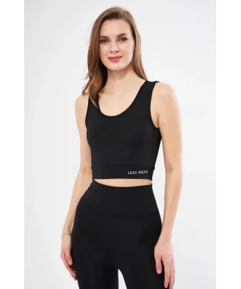 Kolsuz Sporcu Baskılı Crop - Siyah