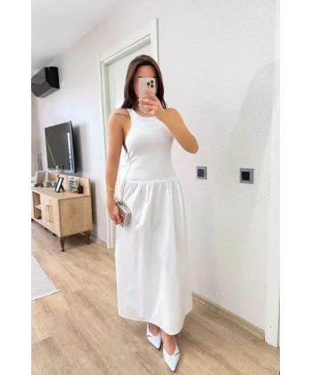 Kolsuz Uzun Elbise - Beyaz