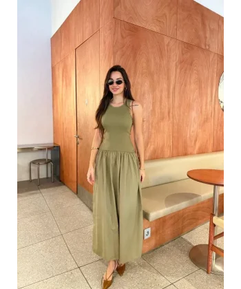 Kolsuz Uzun Elbise - Haki