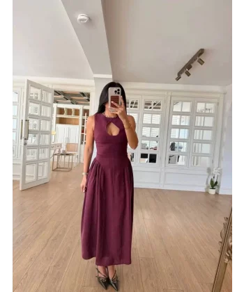 Kolsuz Uzun Kabardin Elbise - Bordo