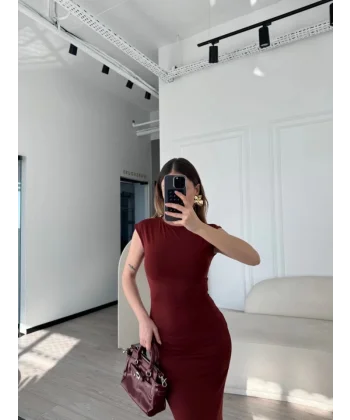 Kolsuz Uzun Likralı Elbise - Bordo