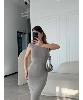 Kolsuz Uzun Likralı Elbise  Gri