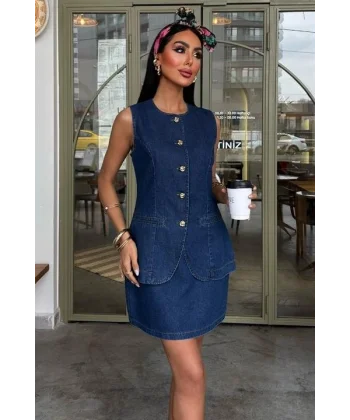 Kolsuz Yelekli Mini Etekli Denim Takım 10164