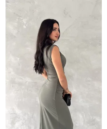 Kolsuz Yırtmaçlı Uzun maxı boy Elbise - Yeşil