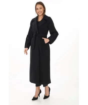Kolu Apoletli Astarlı Kaşmir Kaşe Kaban - Siyah