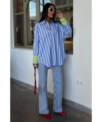 Kolu Manşet Detay Çizgili Oversize Gömlek 3405