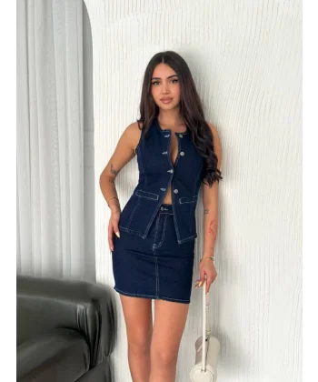 Kot Jeans Etekli Ikili Takım - Lacivert