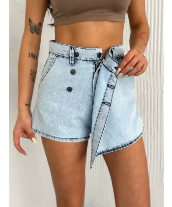 Kot Jeans Kesimetrik Kesim Cepli Şortlu Etek - Gri