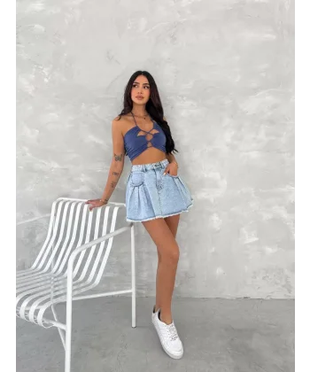 Kot Jeans Kesimetrik Kesim Cepli Şortlu Etek - Mavi