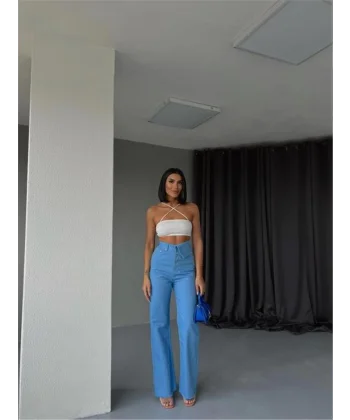 KOT PANTOLON BEL DETAYLI DÜĞMELİ - Mavi