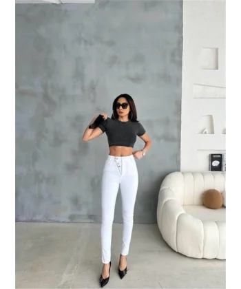 KOT PANTOLON DÜĞME VE FERMUAR TASARIMLI  Beyaz