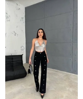 KOT PANTOLON YANLARI DÜĞME DETAYLI - Siyah