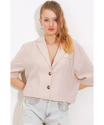 Krem Çift Düğmeli Oversize Crop Keten Ceket 0706