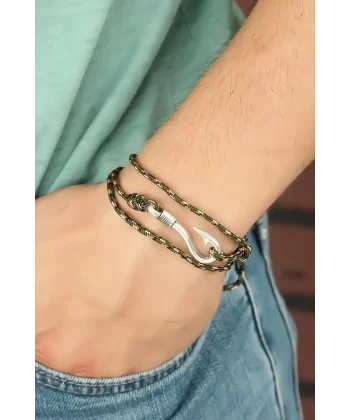 Krem Çizgi Desenli Metal Kancalı Erkek Bileklik