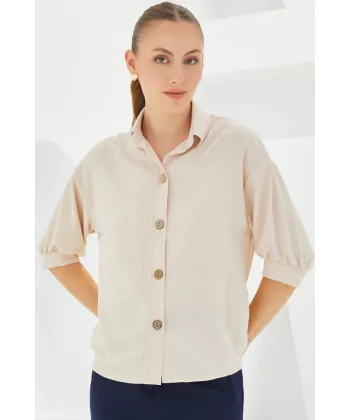 Krem Kısa Kol Oversize Keten Gömlek 202