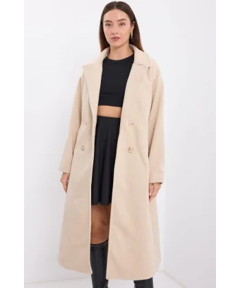 Krem Oversize Geniş Kesim Yünlü Uzun Kaşe Kaban 9113