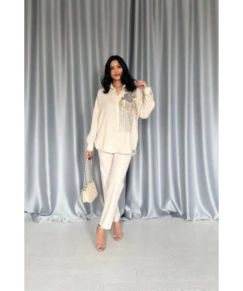 Krem Pulpayet Nakışlı Bedensiz Gömlek
