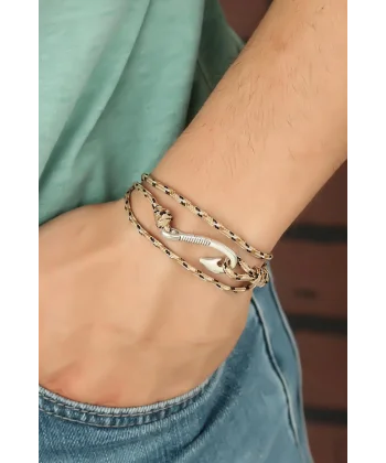 Krem Renk Çizgi Desenli Metal Kancalı Erkek Bileklik