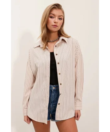 Krem Siyah Çizgili Oversize Uzun Basic Gömlek 3900