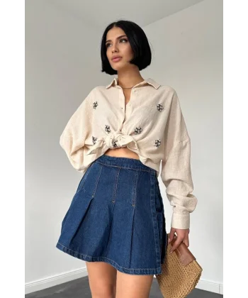 Krem Taş İşlemeli Gömlek