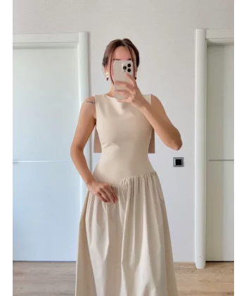 Krep Arkası Kanat Arka Ön Pens Detaylı Uzun Kadın Elbise - Bej