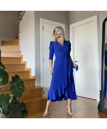 Krep Kumaş idi Boy Kuşaklı Uzunkol Elbise