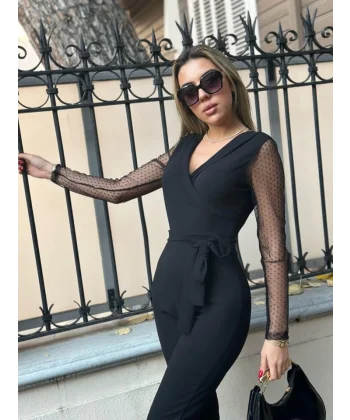 Krep Kumaş Kol Tül Puan Detaylı Kuşaklı Tulum 141 Cm