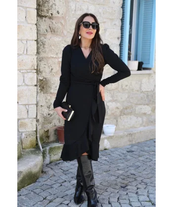 Krep Kumaş Midi Boy Kuşaklı Uzunkol Elbise 113 Cm