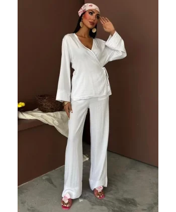 Kruvaze Model Klasik Pantolonlu Çupra Keten Takım 10191