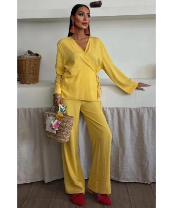 Kruvaze Model Klasik Pantolonlu Çupra Keten Takım 10191