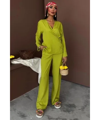 Kruvaze Model Klasik Pantolonlu Çupra Keten Takım 10191