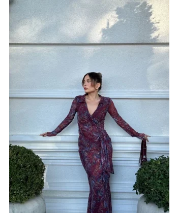 Kruvaze V Yaka, Fırfırlı Ve Bağcıklı Desenli Bluz Ve idi Etek Takım  Bordo