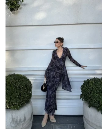 Kruvaze V Yaka, Fırfırlı Ve Bağcıklı Desenli Bluz Ve idi Etek Takım  iyah