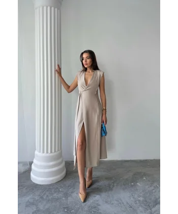 KRUVAZE VATKALI KOLSUZ ELBİSE MODAL KUMAŞ - Bej