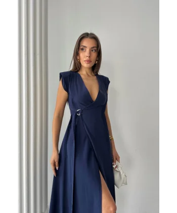 KRUVAZE VATKALI KOLSUZ ELBİSE MODAL KUMAŞ - Lacivert