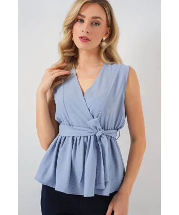 Kruvaze Yaka Kolsuz Bluz 966 - Mavi