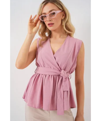 Kruvaze Yaka Kolsuz Bluz 966 - Pudra