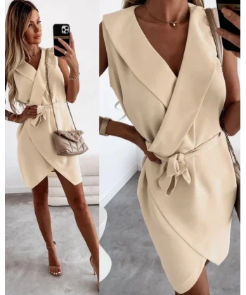 Kruvaze Yaka Kuşaklı Krep Kumaş Elbise